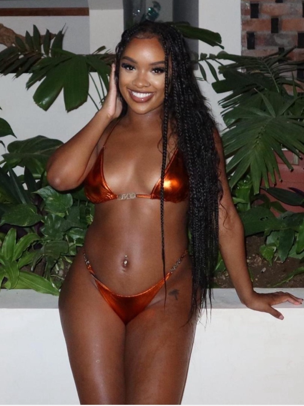 Pre-Owned Sexy Bling 2pc Triangle Top High Waisted Bottom Hooters Orange Bikini